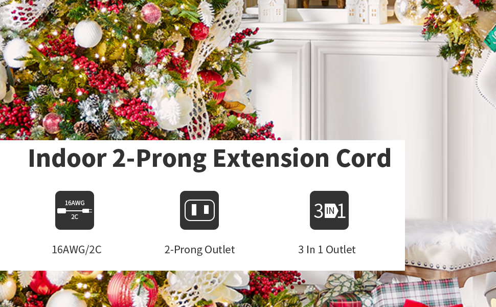 3 outlet indoor extension cord 6 feet 16/3 white extension cord 2prong