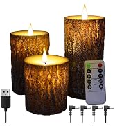 NICEME Rechargeable LED Pine Bark Flameless Candles with Timer Remote USB Cable, Brown Real Wax U...