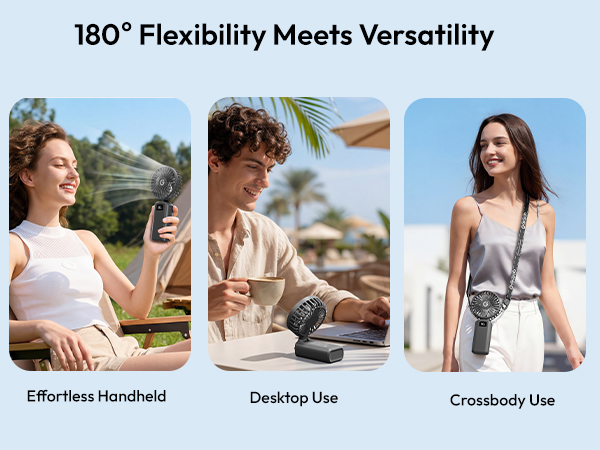 Portable handheld fan for outdoor cooling desk work crossbody wear camping travel hands free use