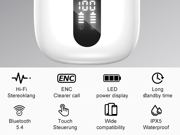 Text reads: 'Stereo/talking, Cleaner call, power display, standby time, Bluetooth, torch, Volume, Wi-Fi' with corresponding icons in a horizontal layout.