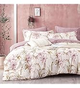 LEMIROE Floral Cotton Comforter Queen Size 3Pcs - Pink Flowers on Botanical Textured Beige Front,...