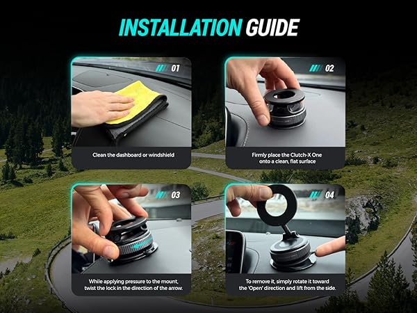 installation guide Clutch X one suction cup base car dashboard phone mount for magsafe cellphones