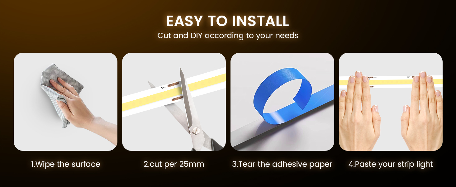 Four-step installation guide for LED strip lights. Shows surface cleaning, cutting, adhesive removal, and placement. Text reads 'EASY TO INSTALL' and provides brief instructions for each step.