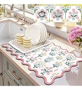 LOKHOM Scalloped Floral Dish Drying Mat, 12"x20" Super Absorbent Coffee Mat with Unique Pink Past...
