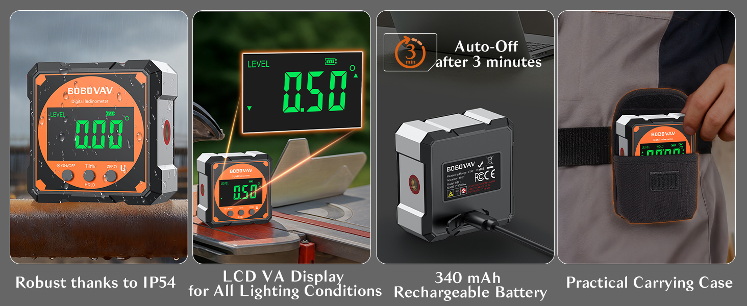 IP54, VA LCD, rechargeable, auto-off, portable