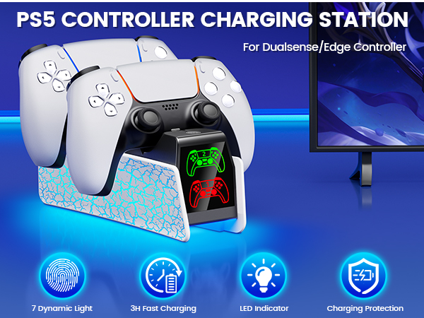Text reads 'PS5 CONTROLLER CHARGING STATION'. Multiple views of a white gaming controller charging dock with blue LED lighting effects.