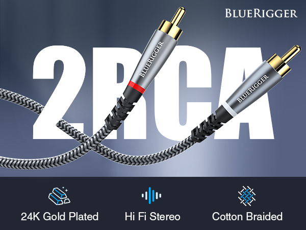 BLUERIGGER 2RCA to 2RCA audio cables 24k gold plated HiFi Stereo braided dual shielding long lead