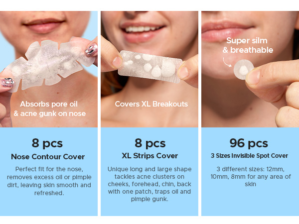 5 sizes to absorb oil and gunk from different skin areas