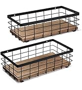 TJ.MOREE 2-Pack Small Metal Wire Basket, Decorative Wood Base Organizer for Bathroom, Kitchen, Ba...