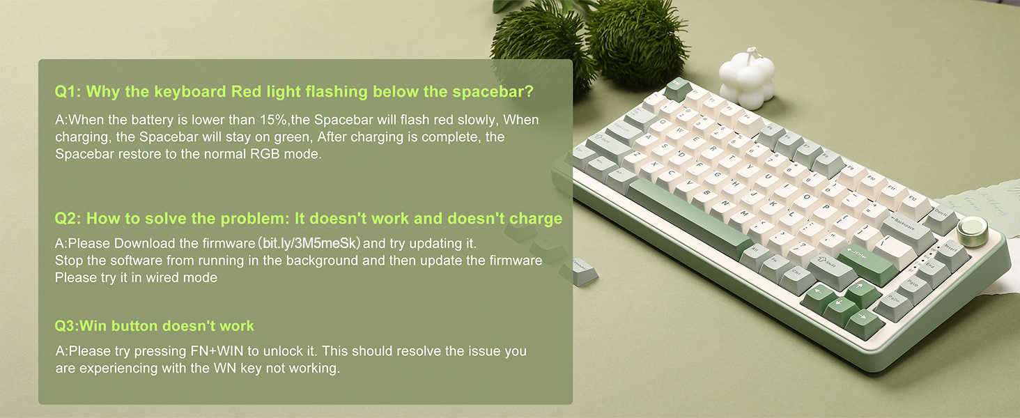 White computer keyboard on light beige background with text discussing keyboard features. Multiple dialog-style text boxes visible containing product information.