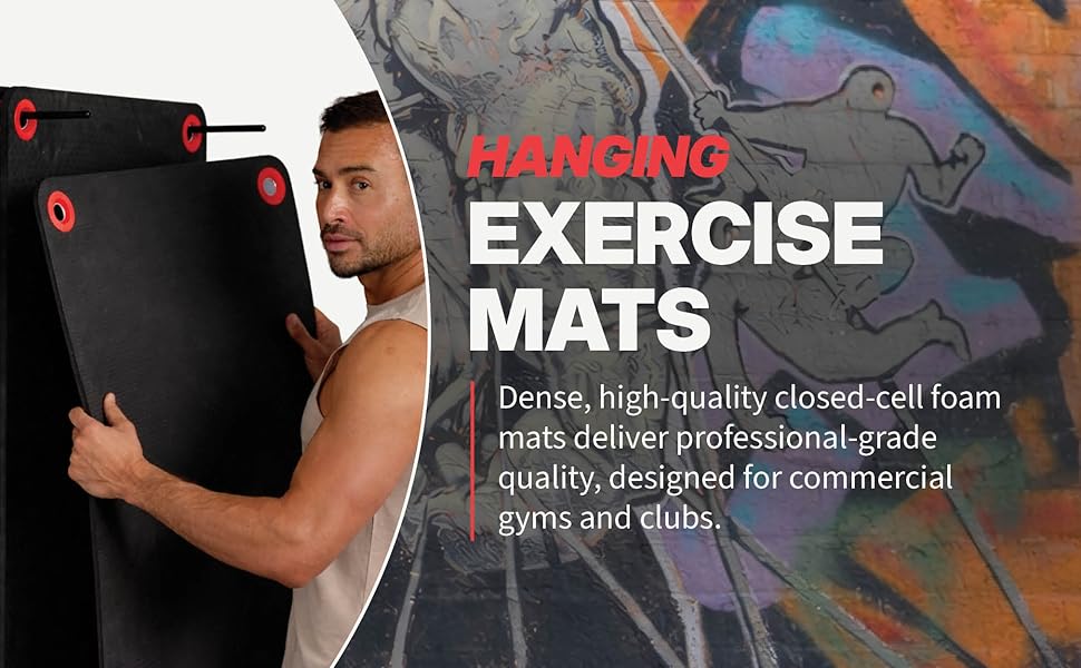 Man holding SPRI hanging exercise mat with reinforced grommets for gym storage and floor workouts