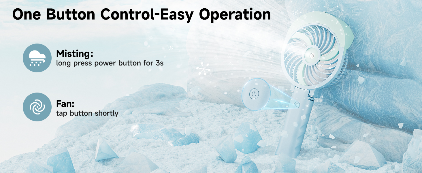 Infographic showing one-button control for misting and fan functions. Background image of water droplets and a fan icon.
