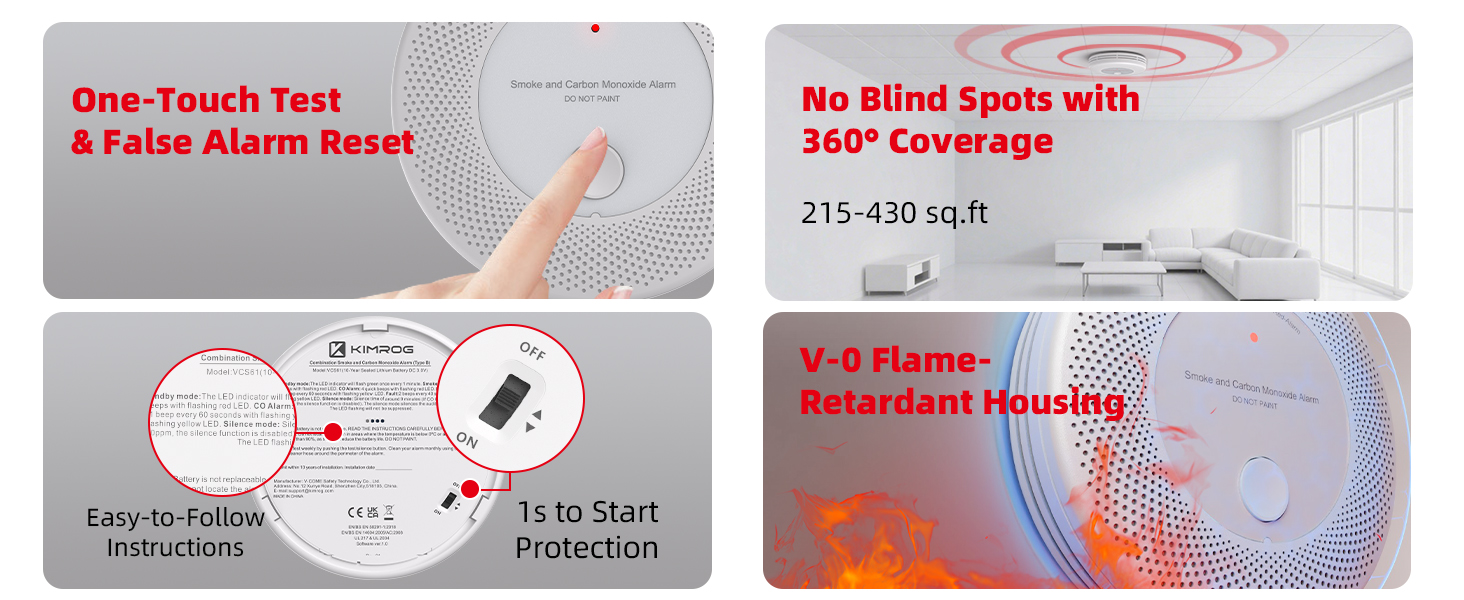One - touch test/reset, 360° coverage, flame - retardant, easy setup.