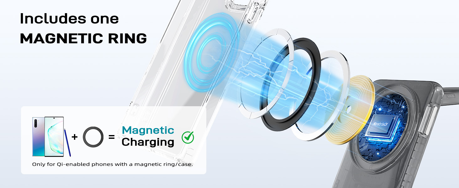 Illustration of magnetic wireless charging system for smartphones. Shows phone, magnetic ring, and charging coil with blue energy visualization. Text indicates inclusion of one magnetic ring.