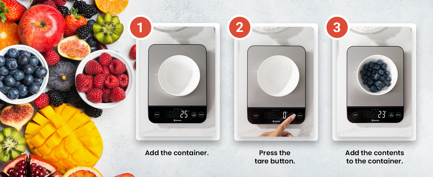 Put the bowl on scale, press the tare button, and add food to get pure food weight