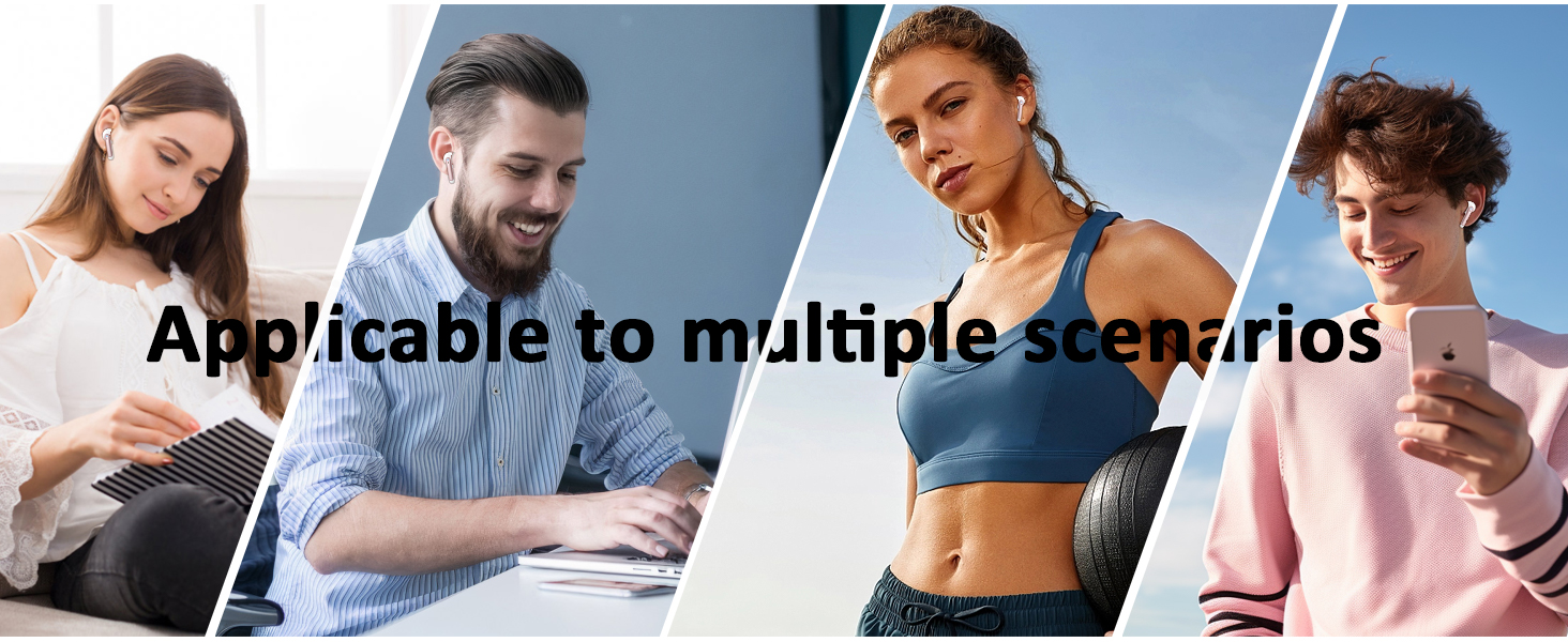 Split panel marketing image showing four different people using mobile devices in various settings, with text 'Applicable to multiple scenarios'.