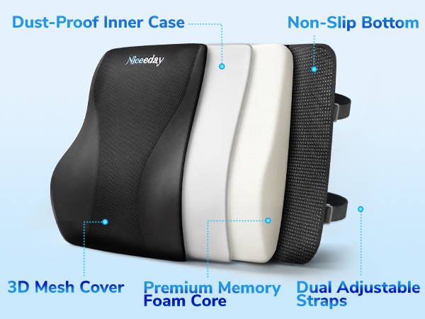 Text reads 'Dust-Proof Inner Case', '3D Mesh Cover', 'Premium Memory Foam Core', 'Dual Adjustable Straps', 'Non-Slip Bottom'. Product diagram showing lumbar support cushion features.