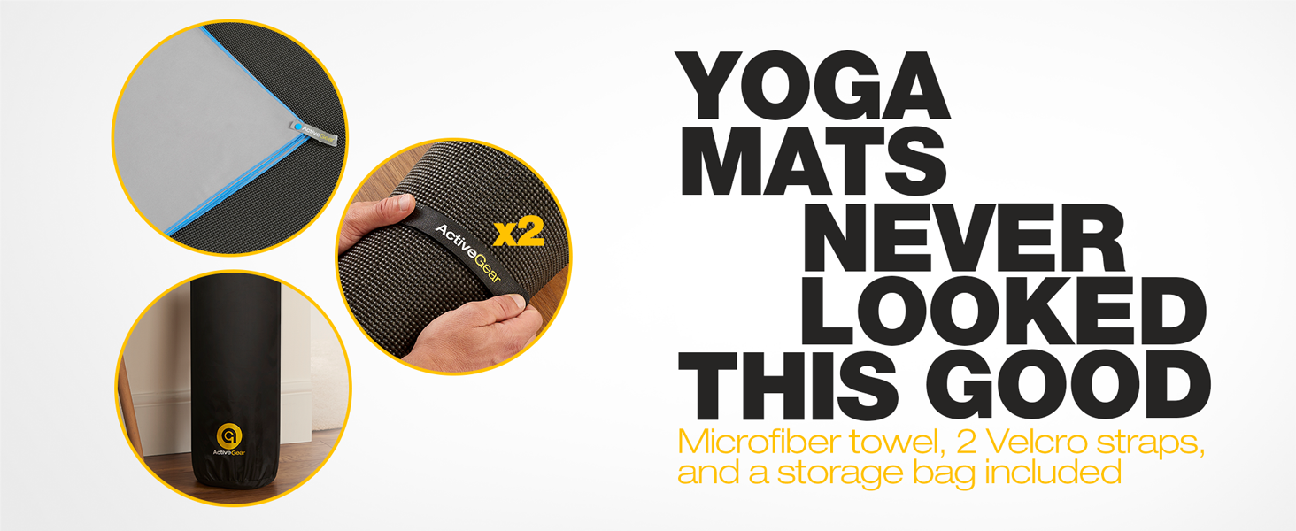 Microfiber towel Velcro straps and a storage bag included with your large yoga mat