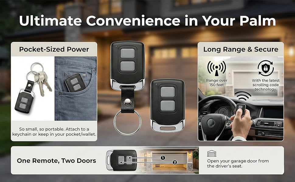 Portable mini keychain garage remote with 150ft range. Controls up to 2 garage doors.