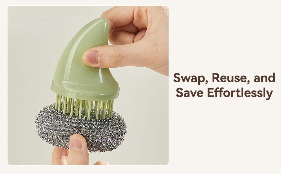 Replaceable brush head design showing easy swapping and reusing of the scrubber for daily cleaning.