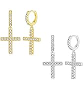 GEMOSA 2 Pairs Cross Hoop Earrings Dangle 14K Gold Silver Plated Dangling Iced Out Small 5A+ Cubi...