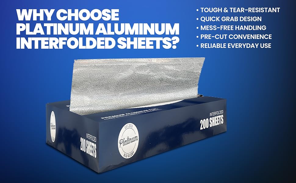 Platinum aluminum interfolded foil sheets, pre-cut, tear-resistant, and easy to use