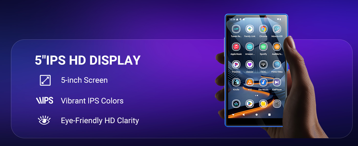 Text reads '5"IPS HD DISPLAY', 'MP5', 'Vibrant IPS Colors', 'Eye-Friendly HD Quality'. Digital device interface screens shown with blue background illumination.