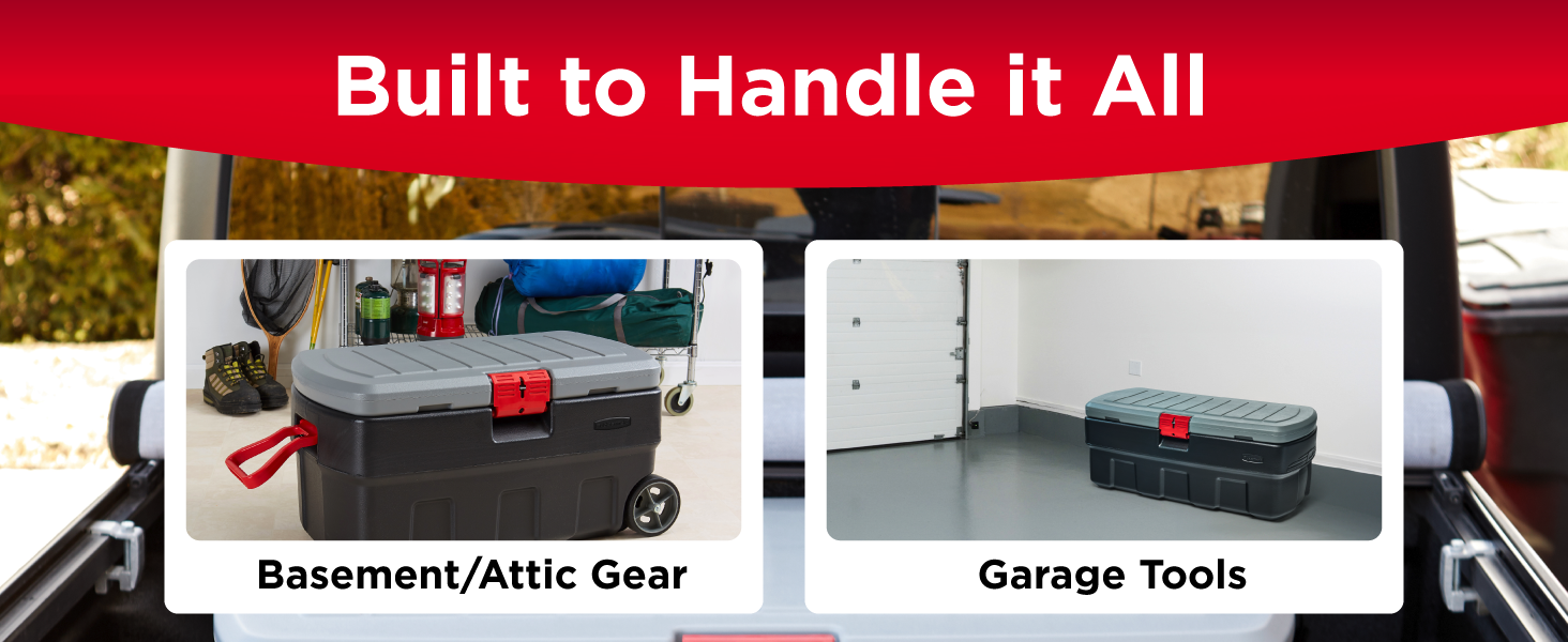 Image of strong storage case with text reading basement attic gear.