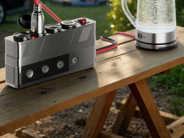 Series of images showing electronic or audio equipment with LED displays and control interfaces on wooden surface.
