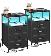 LOAKEKEL Night Stand Set 2, LED Nightstand with Charging Station, End Tables with Storage Shelf f...