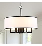 24" 6-Light Drum Chandelier, Modern Large Drum Pendant Light Fixtures with White Shade, Black Cha...