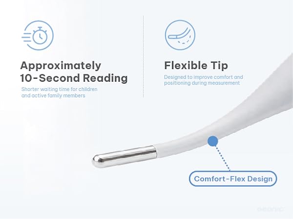 GEONIC B127 digital thermometer featuring a flexible tip, fever alert, and easy-to-read display.