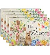Wnoesat He is Risen Easter Placemats Set of 4 12x18 Inch Bunny Floral Cross Table Mats Spring Rab...