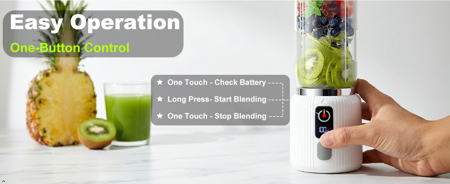 Text reads 'Easy Operation' and 'One-button Control' with labels 'One Touch - Check Battery', 'One Touch - Start Blending', 'One Touch - Stop Blending'. Blender processing pineapple and kiwi, user holding portable blender unit.
