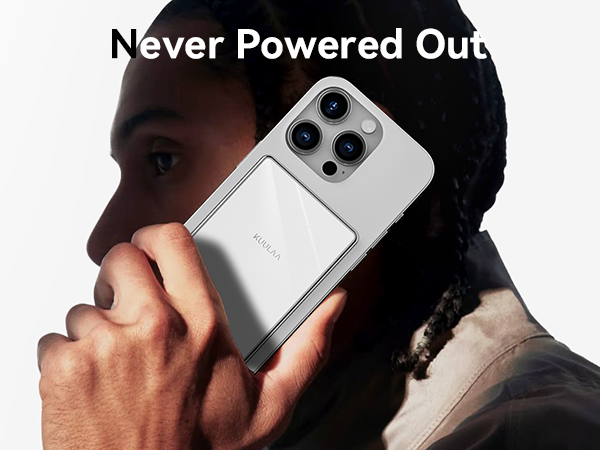 Smartphone with triple-lens camera held to ear. Silver device features prominent camera module. Text overlay reads 'Never Powered Out'.