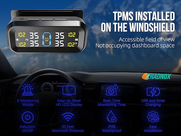 Tire Pressure Monitoring System with Solar &amp; USB Charger-TPMS with 4 External Sensors &amp; 6 Alarm Mode
