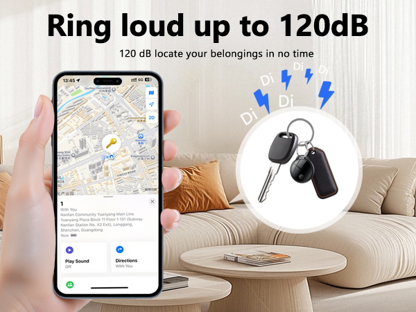 Text reads 'Ring loud up to 120dB' and '120 dB secure your belongings in no time'. Detailed view of smartphone app interface with map and key finder device.