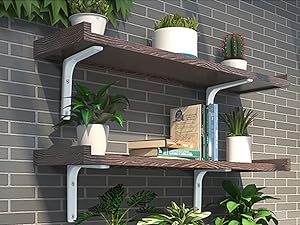 Two dark wooden shelves mounted on a gray brick wall, displaying potted plants, books, and decorative items. Metal L-shaped brackets support the shelves.