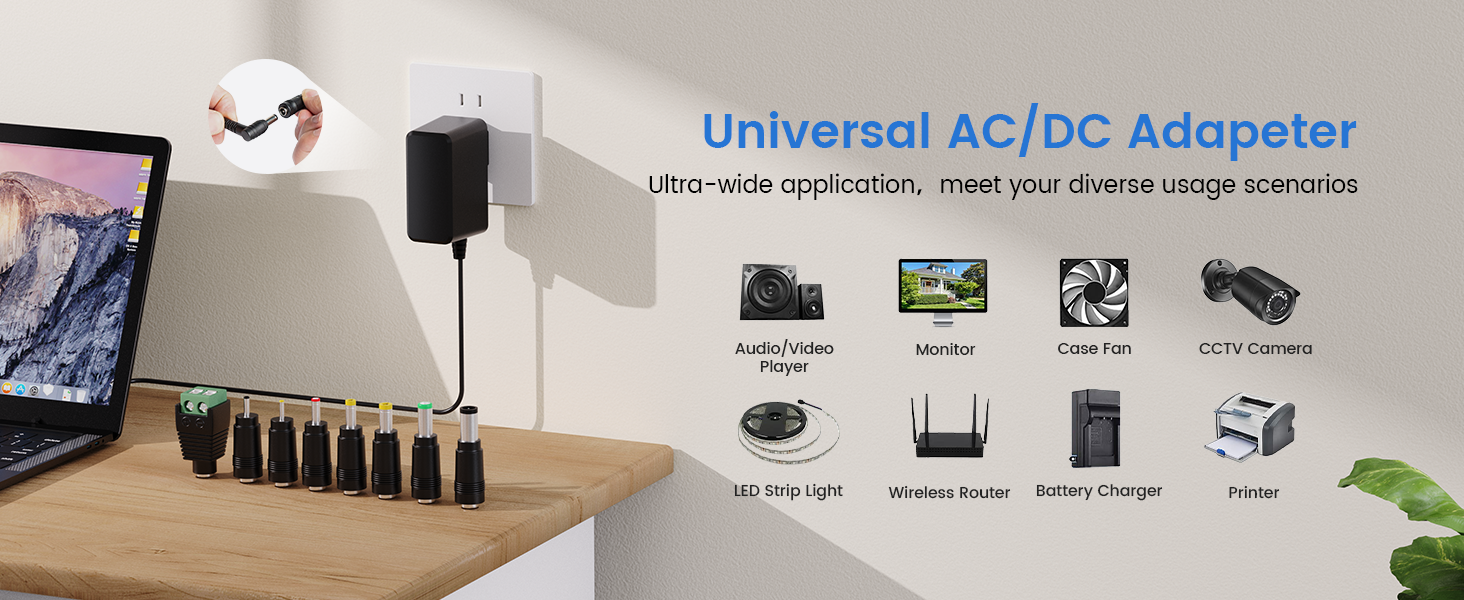 AKINGUAR 12V 2A Power Supply Adapter with 8 DC Connectors