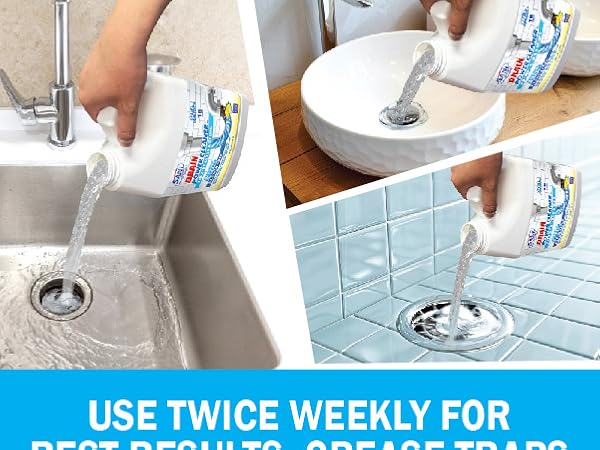 Hand pouring drain cleaner into sink. Use twice weekly for best results. GREASE TRAPS