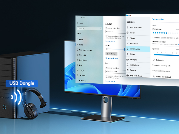 USB dongle and computer monitor displaying multiple windows. Dongle emits wireless signal to connect with the screen, showcasing wireless display technology.