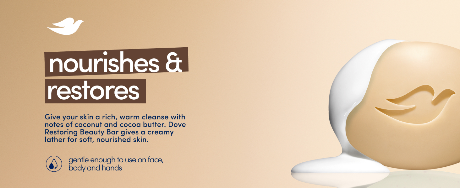 Dove Cleansing bar with white cream dripping off it, against a light brown background with text.