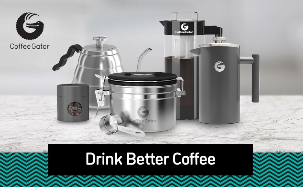 Family photo of five different coffee tools on a white granite countertop