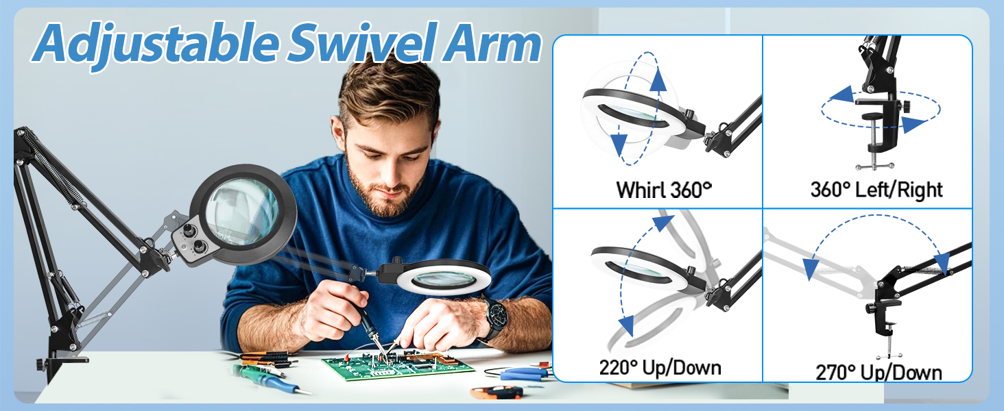 Adjustable Swivel Arm magnifying glass with light hands free lighted magnifier