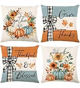 Ni-JASW Teal Orange Fall Throw Pillow Covers 18x18 inch Set of 4, Pumpkin Buffalo Plaid Cushion C...