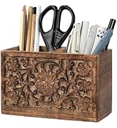 Mie Creations 2 Slot Rustic Pencil Holder Pen Stand for Desk Organizer | Handcarved Wooden Pen Ho...