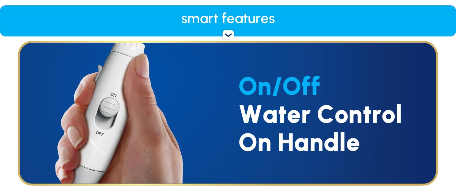 Image of Waterpik flosser with text reading on off water control on handle.