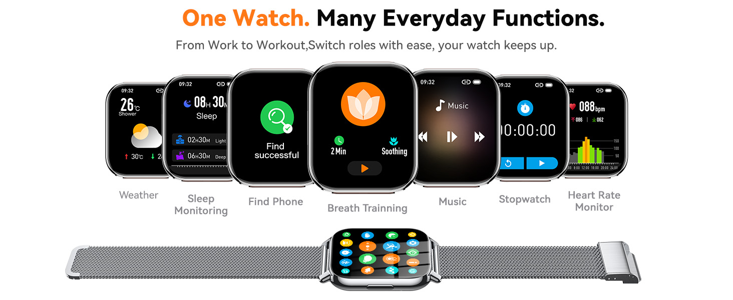 smart watch with Calorie Tracker, Stopwatch, Pedometer, Music Playback/Control, Weather