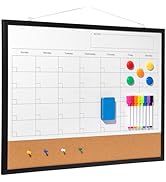 Dry Erase Calendar Whiteboard, 24" x 18" Magnetic Whiteboard Cork Board Combo, Reusable Monthly P...