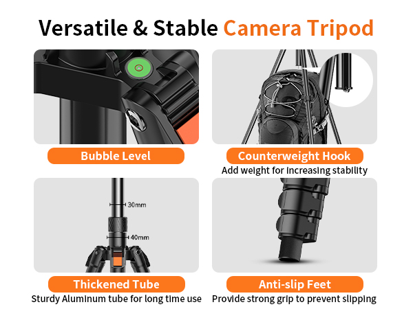 Text reads 'Versatile &amp; Stable Camera Tripod', with feature callouts for 'Rubber Level', 'Three-Stage Legs', 'Anti-Slip Foot'. Technical diagram showing tripod features and specifications.